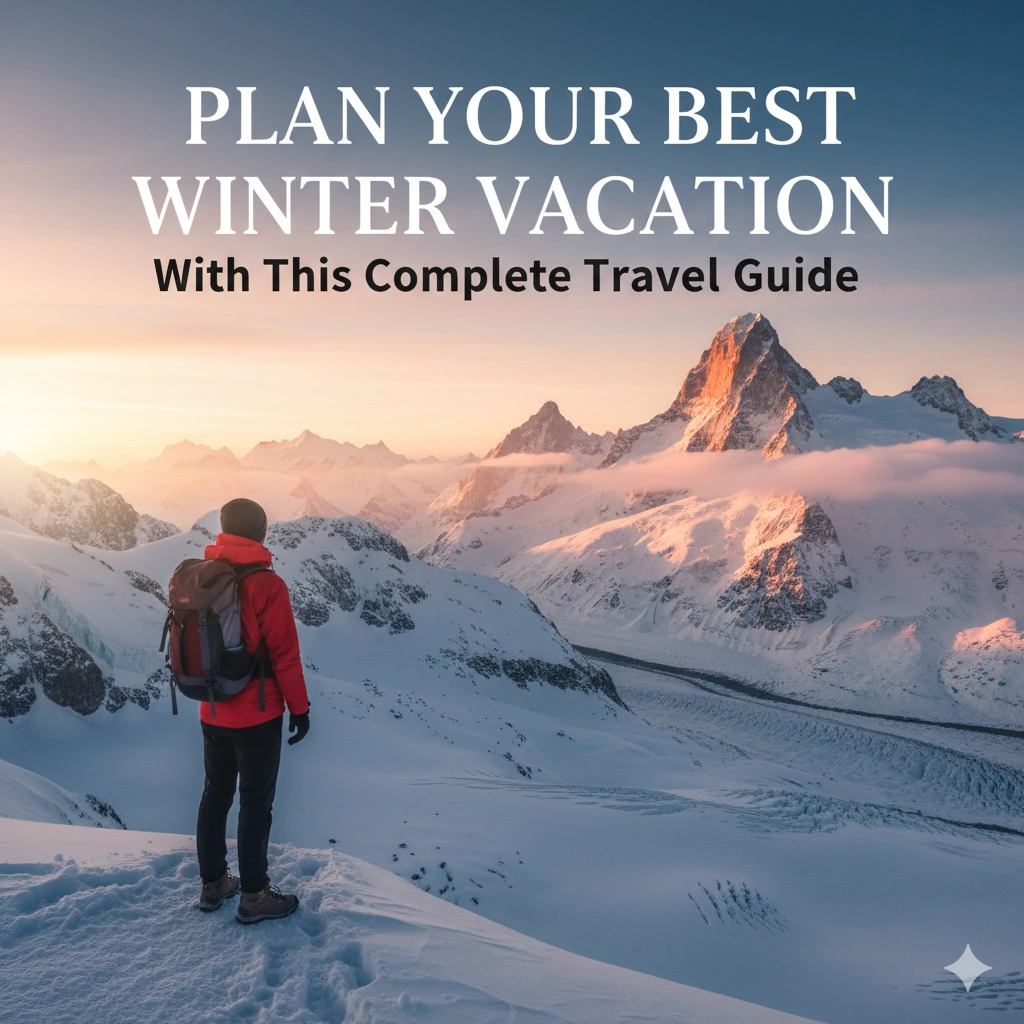 Winter travel activities including skiing, tropical beaches, and Christmas markets