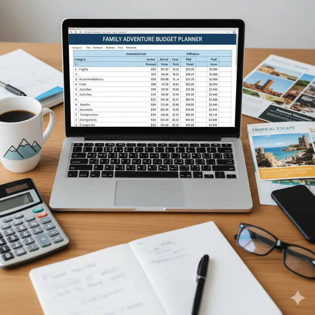 Budget planning for affordable family vacations with spreadsheet and calculator