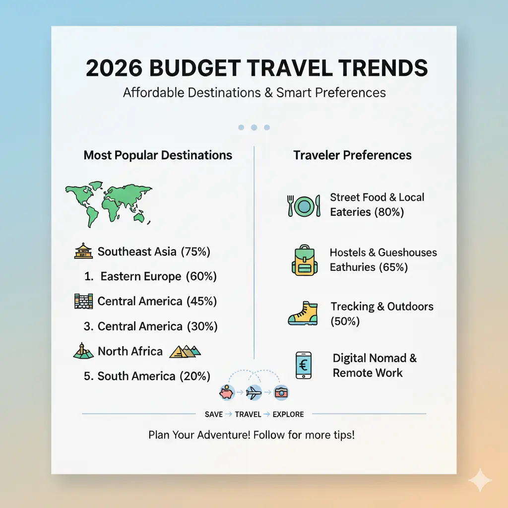 2026 budget travel trends infographic showing affordable destination popularity and traveler preferences