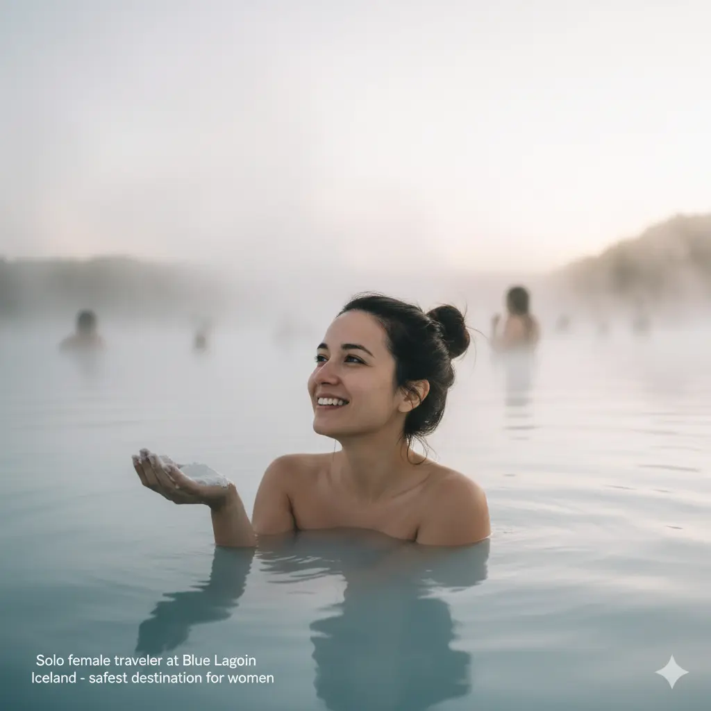 Solo female traveler at Blue Lagoon Iceland, safest destination for women