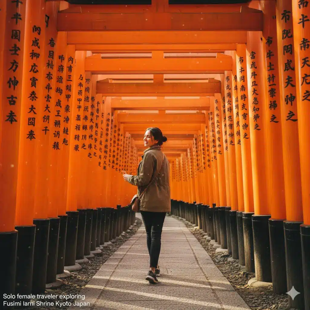 Solo female traveler exploring Fushimi Inari Shrine Kyoto Japan