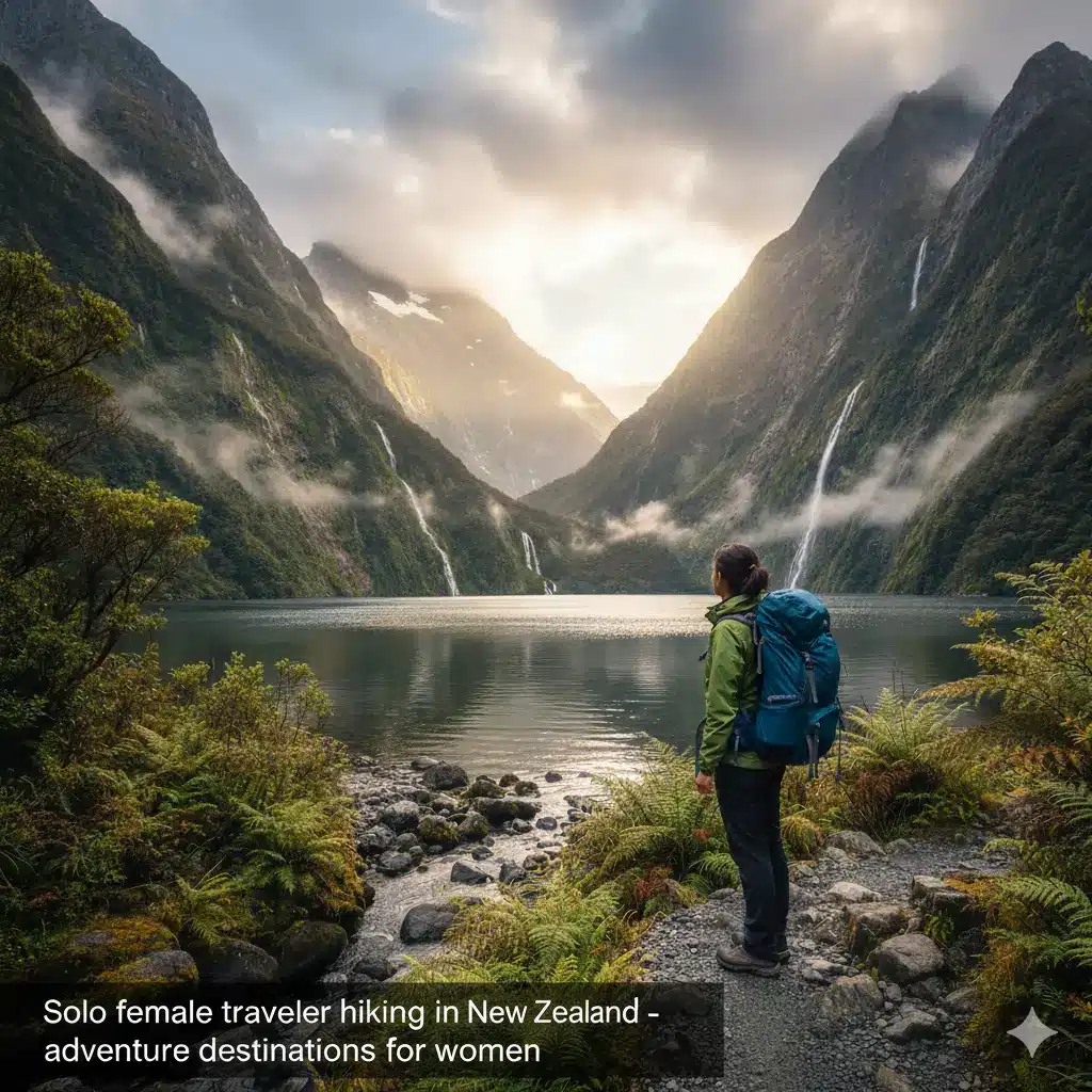 Solo female traveler hiking in New Zealand adventure destinations for women