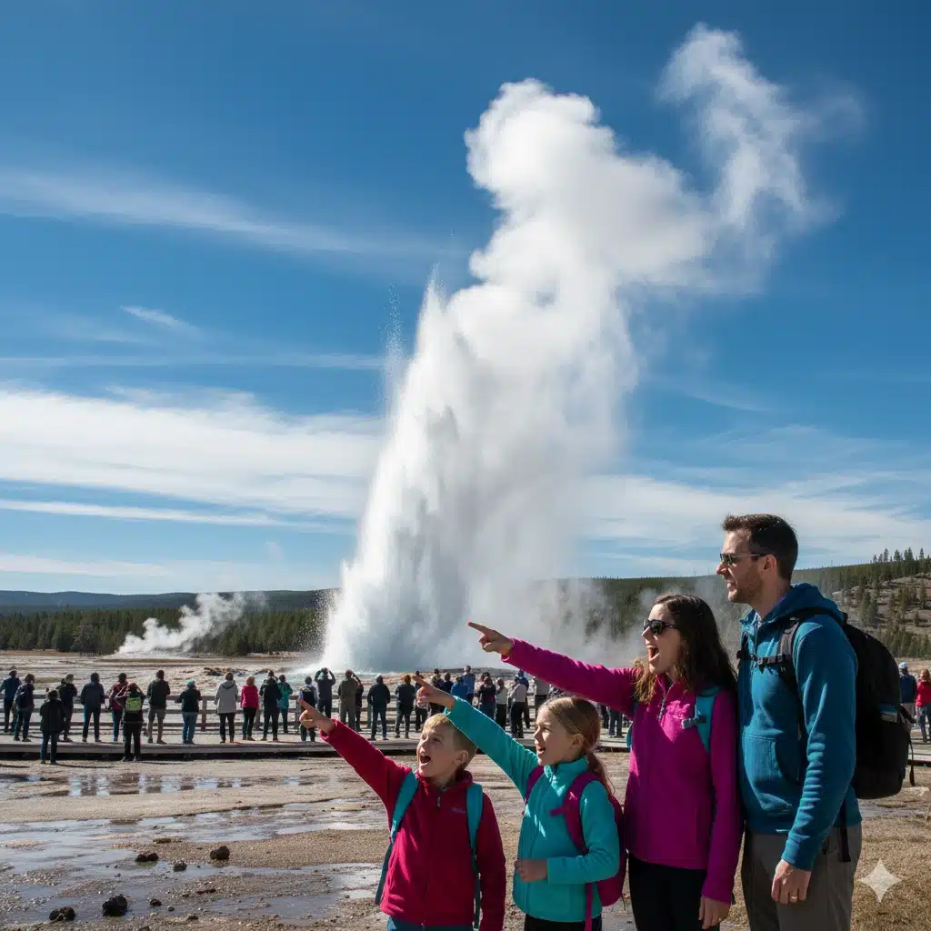 Affordable Yellowstone family vacation with kids watching geysers