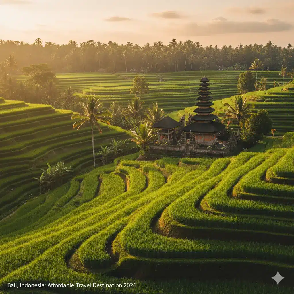 Budget friendly Bali Indonesia rice terraces temples affordable travel destination 2026