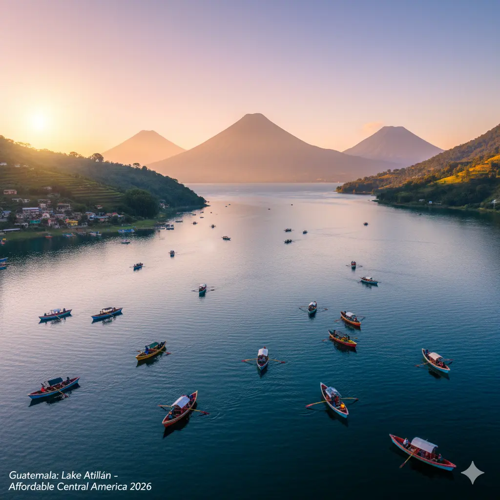 Budget travel Guatemala Lake Atitlan colorful boats volcanoes affordable Central America 2026
