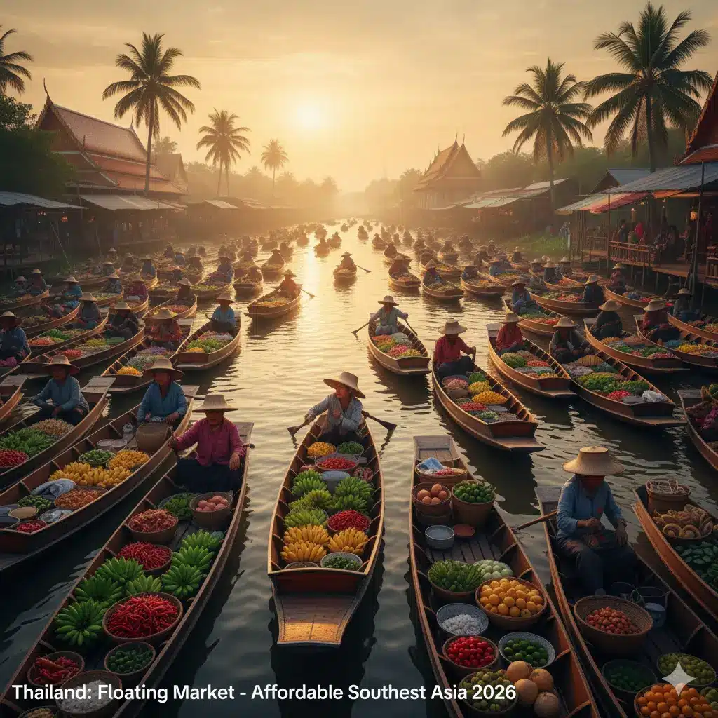 Budget travel Thailand floating market colorful boats affordable Southeast Asia destination 2026